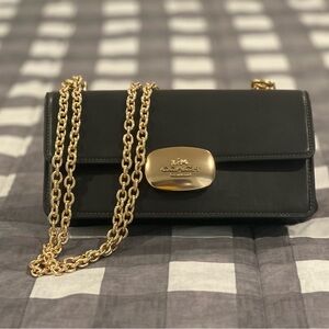 Coach Eliza Black Leather Crossbody Bag Gold Chain NEW